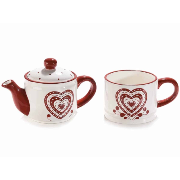 Teiera e tazza in ceramica con decori a cuore in rilievo