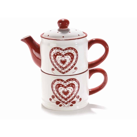 Teiera e tazza in ceramica con decori a cuore in rilievo