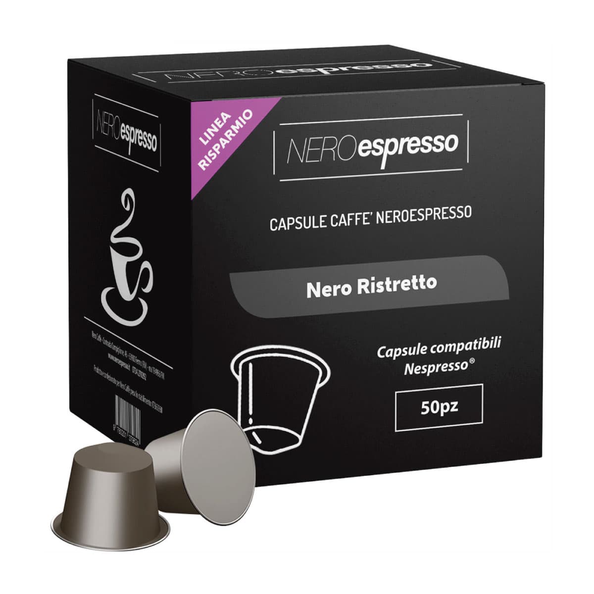 Tazza di caffè nero accanto ad alcune capsule nespresso