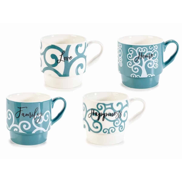 Set 4 tazze porcellana con scritte + espositore